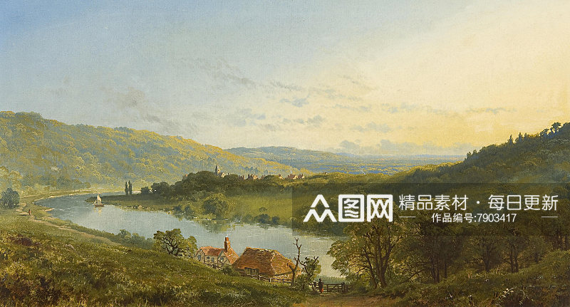 山林湖畔油画风景画素材