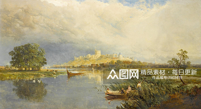 山林湖畔油画风景画素材