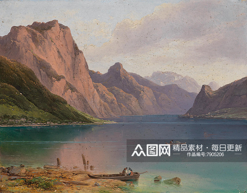 湖畔山脉油画风景画素材