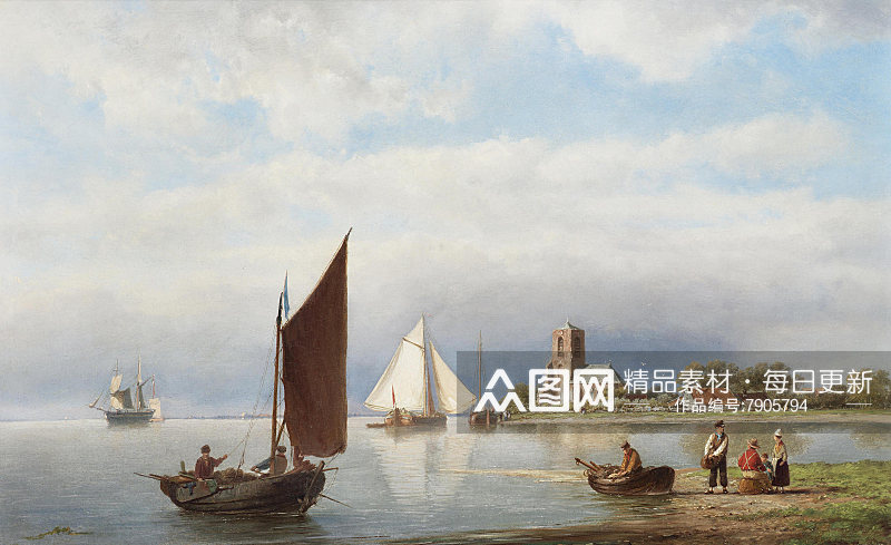 欧式油画海景帆船装饰画素材