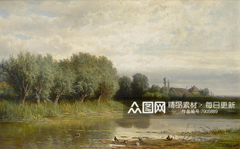 欧式油画湖畔风景画装饰画素材