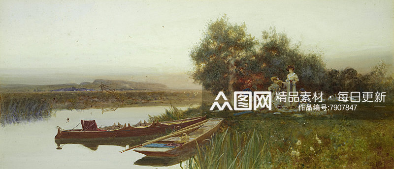青山绿水湖畔风景画装饰画素材