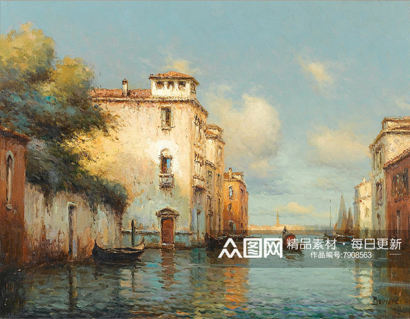 威尼斯水上小镇油画风景画素材