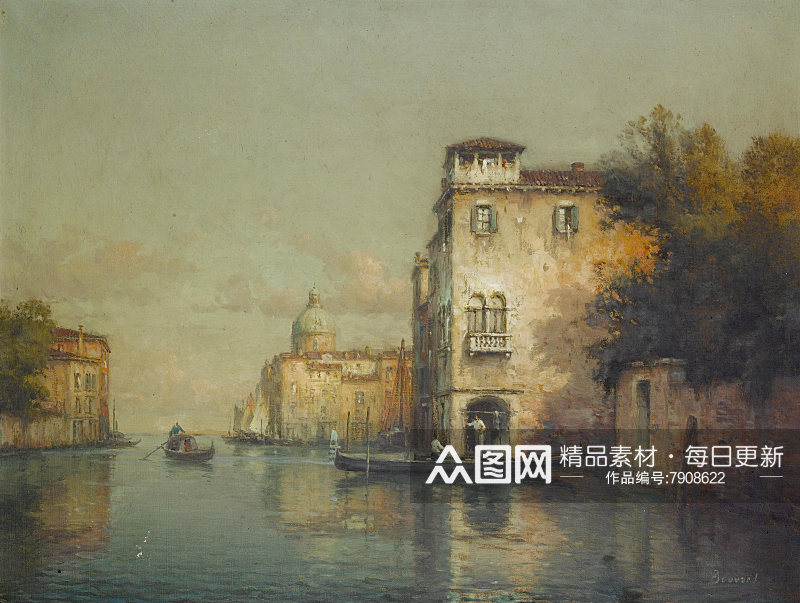 水上威尼斯风景画油画素材