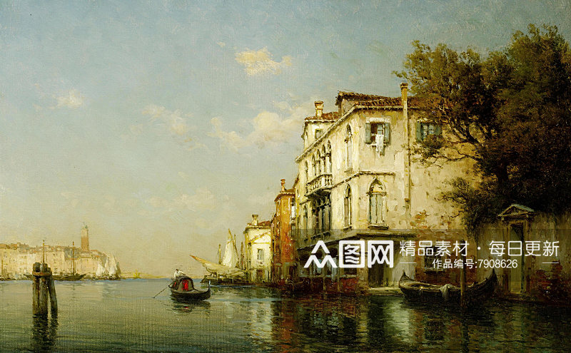 水上威尼斯风景画油画素材