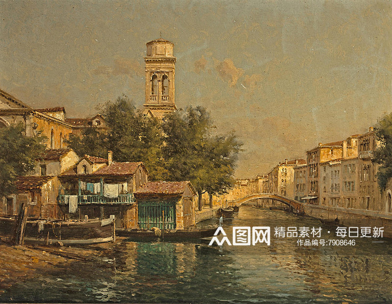 水上威尼斯风景画油画素材