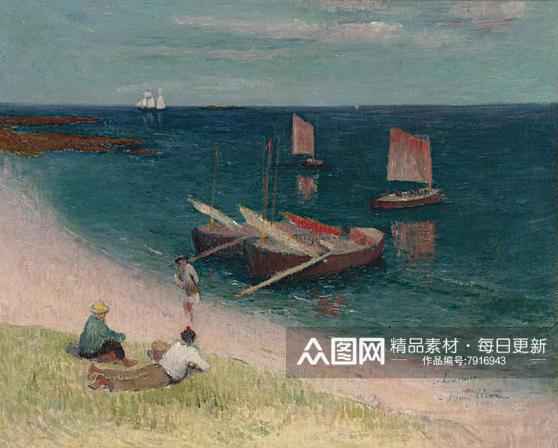 印象画海边山崖人物风景画素材