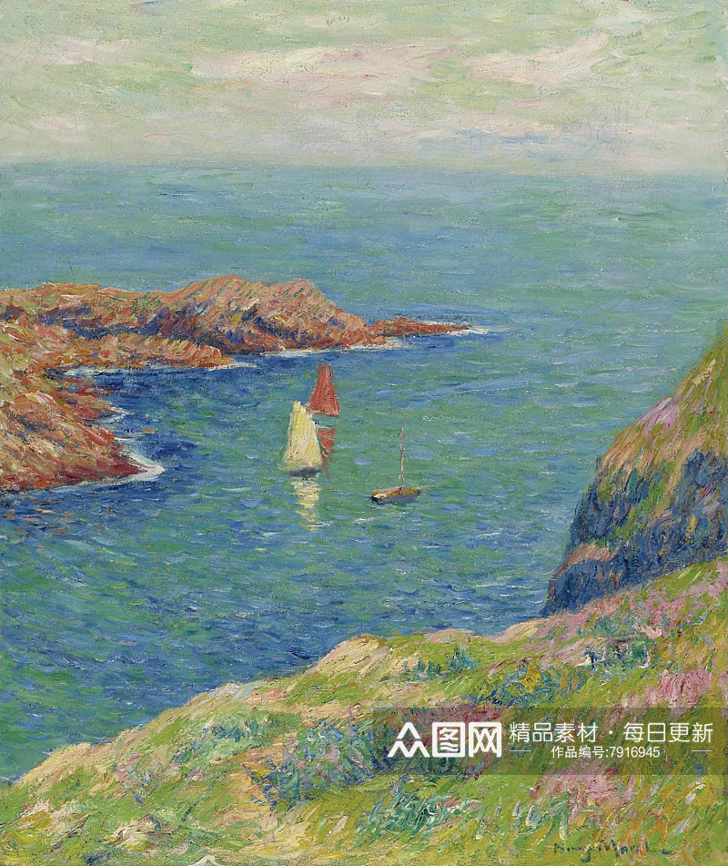 印象画海边山崖人物风景画素材