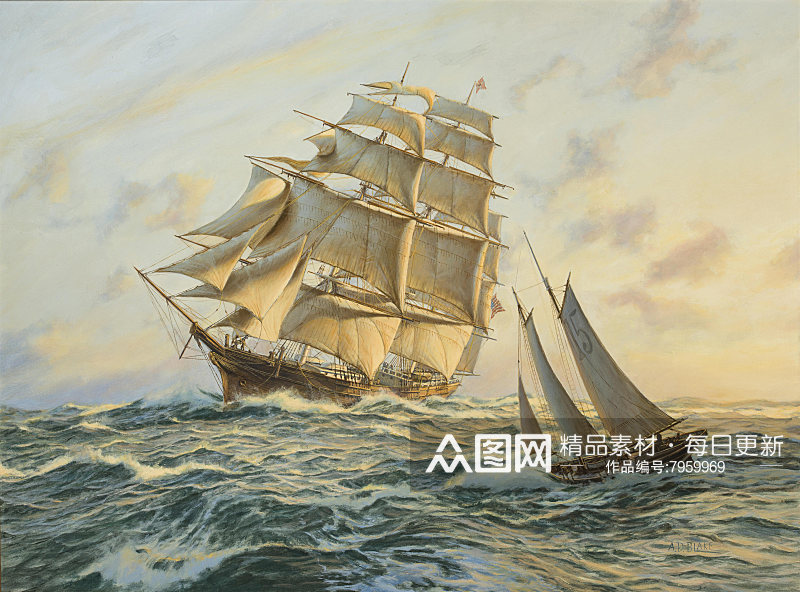 高清帆船海景油画装饰画素材