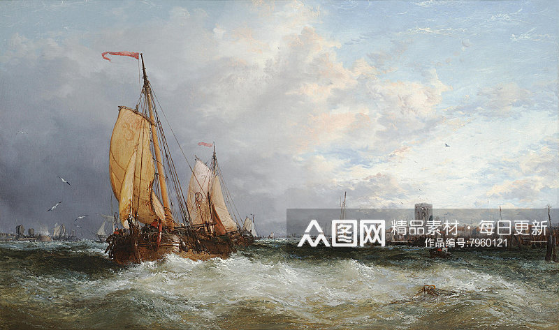 大海帆船海景油画风景画素材