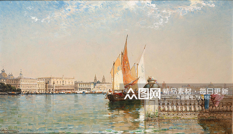 海景水彩帆船风景画图片素材