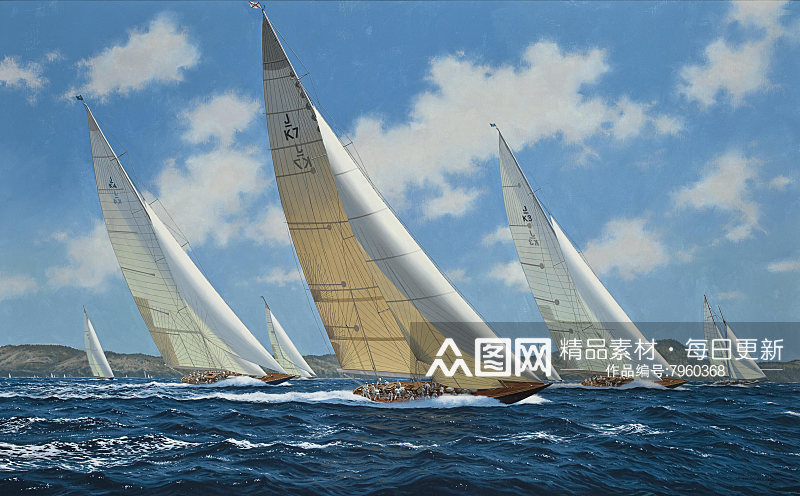 海景水彩帆船风景画图片素材