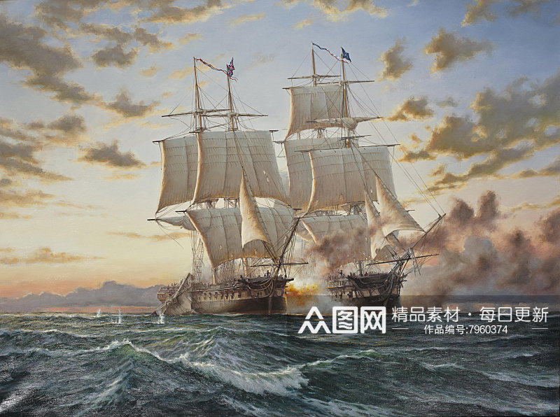 海景水彩帆船风景画图片素材