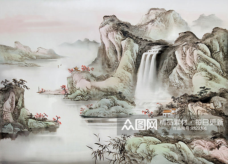 水墨中式风景画背景墙挂画素材素材