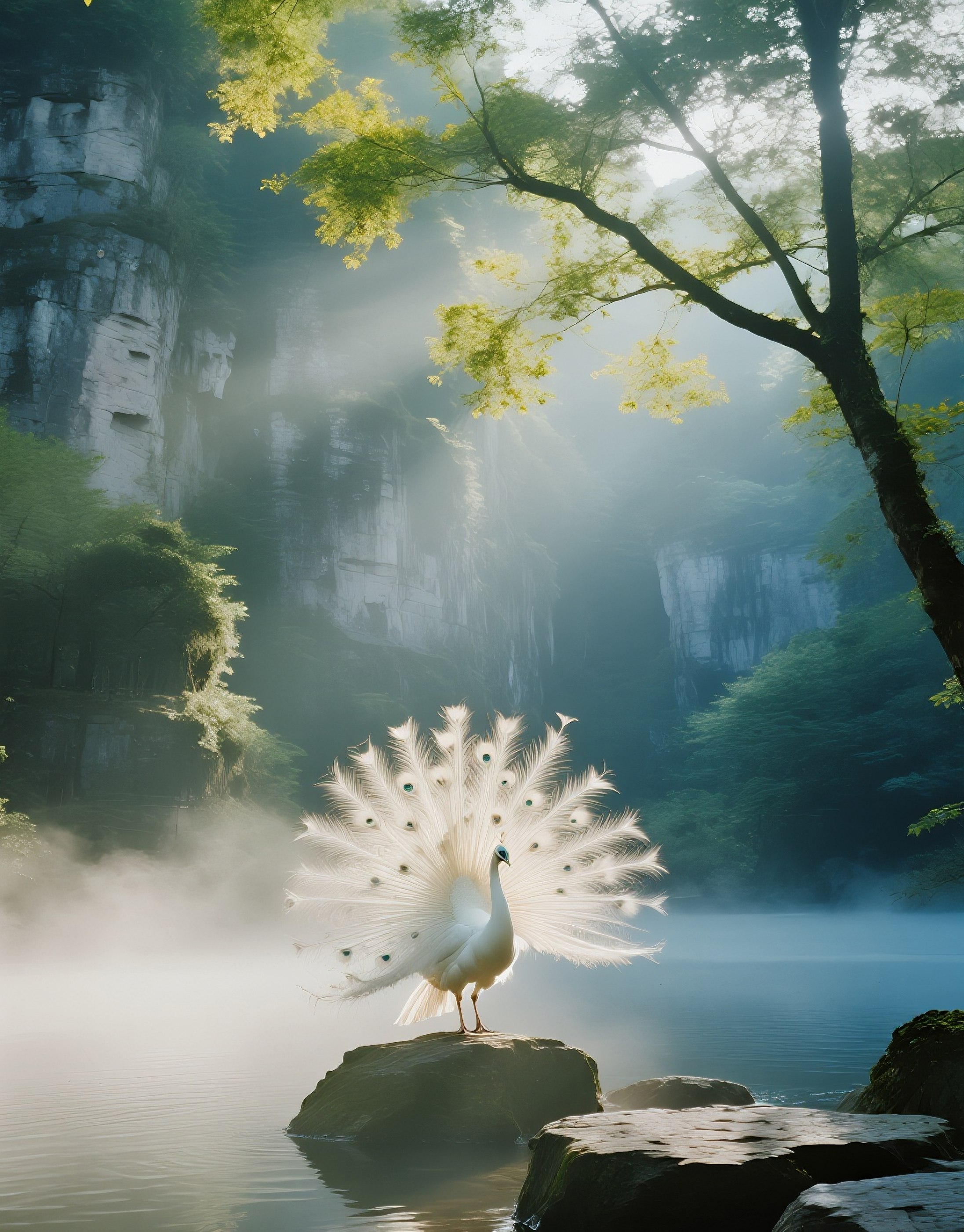 山水风景画孔雀高清图片素材
