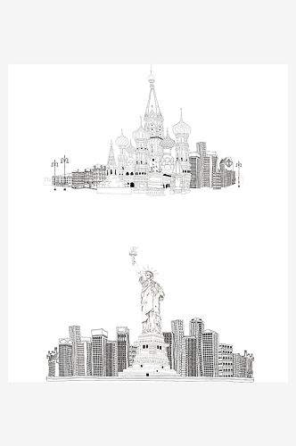 黑白欧洲建筑插画风景画