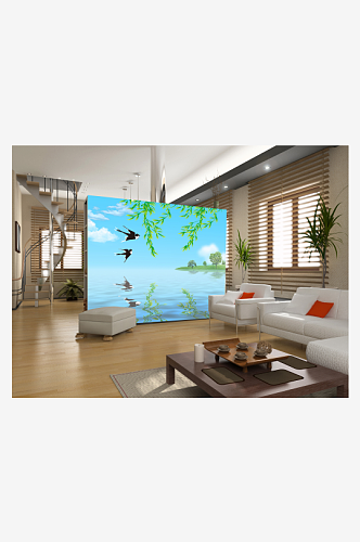 湖边柳条燕子风景画背景墙