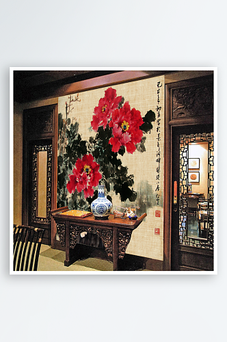 中式工笔画牡丹花背景墙