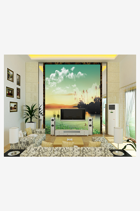 海边海景唯美风景画背景墙-众图网