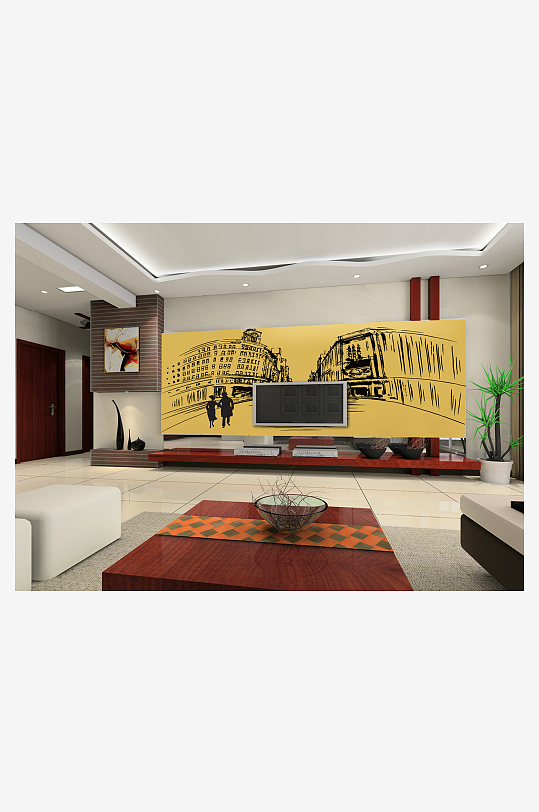 水彩唯美风景画背景墙-众图网