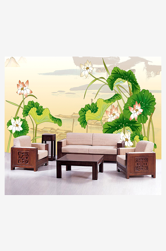 莲花水墨高清背景墙-众图网