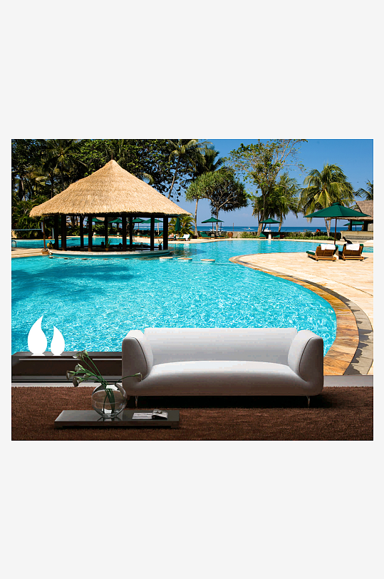 泳池木屋风景画背景墙-众图网