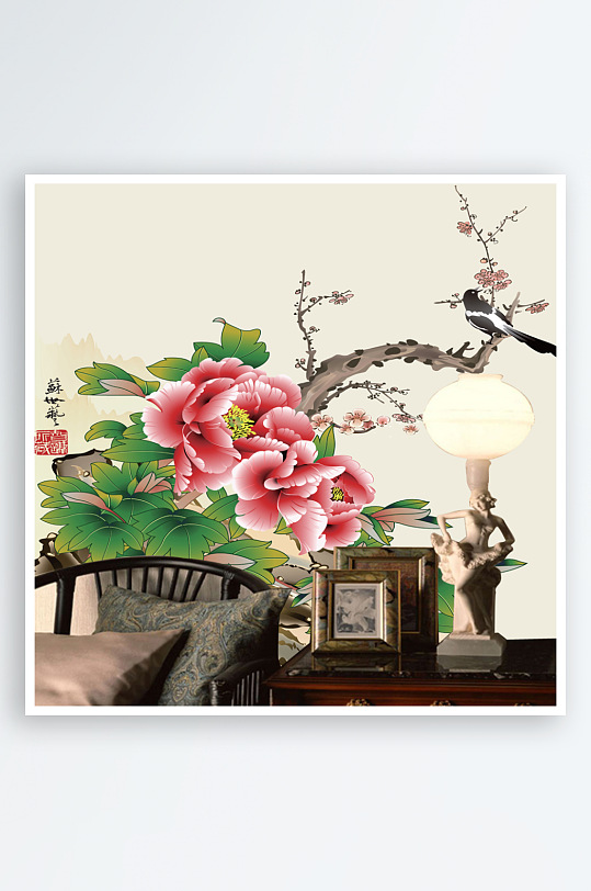 牡丹花鸟高清背景墙-众图网