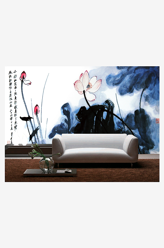 莲花水墨中式背景墙-众图网