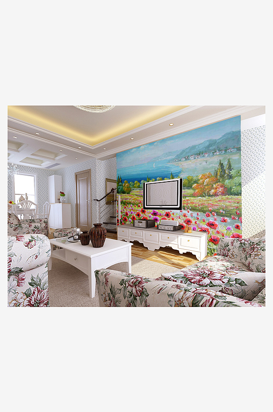 水彩唯美风景画背景墙-众图网