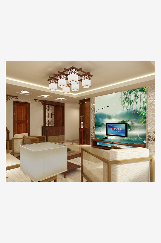 莲花水墨中式背景墙-众图网