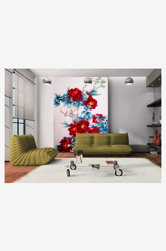 唯美红色花卉水墨牡丹花背景墙-众图网