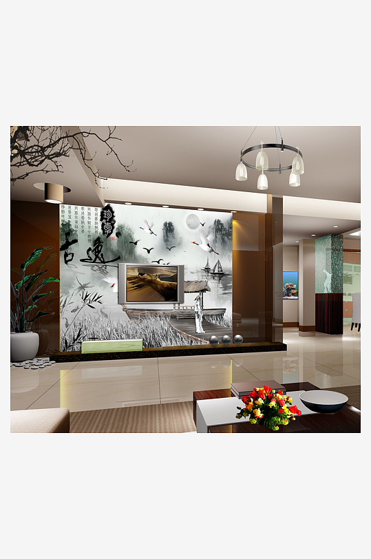 水墨山脉中式唯美背景墙-众图网