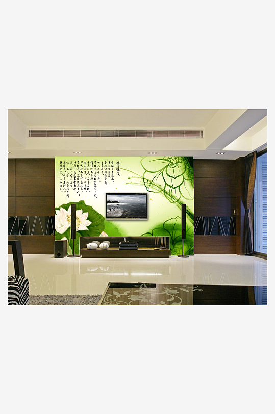 莲花水墨中式背景墙-众图网
