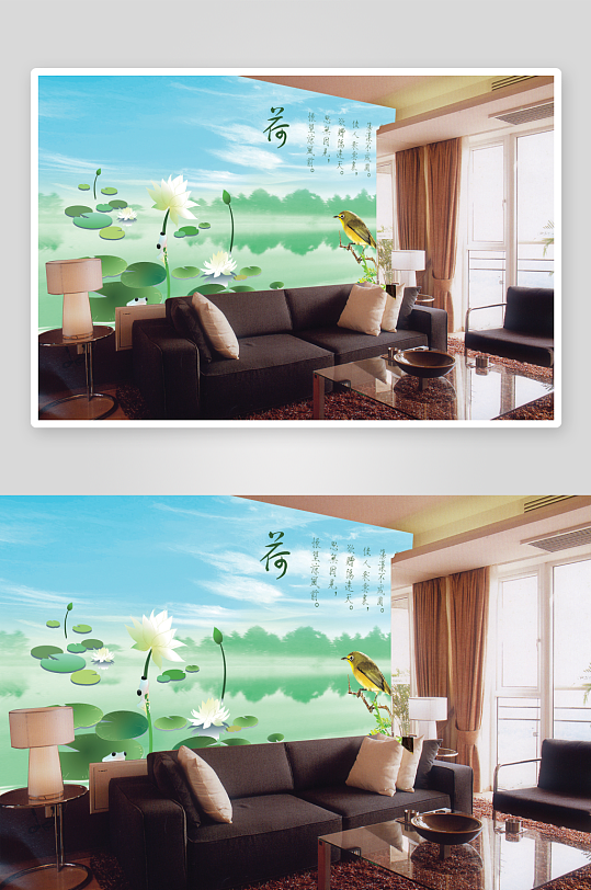 莲花工笔画风景画背景墙-众图网