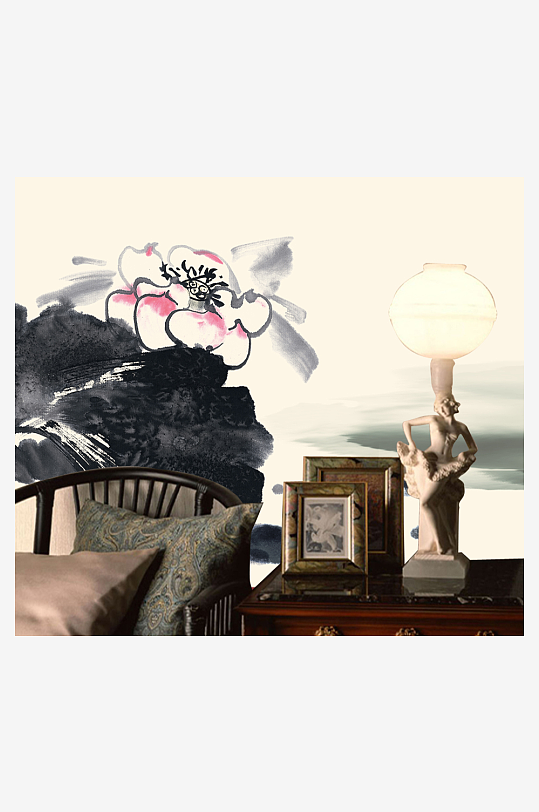 水墨莲花山水画中式背景墙-众图网