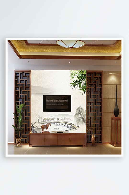 中式水墨风景画背景墙-众图网