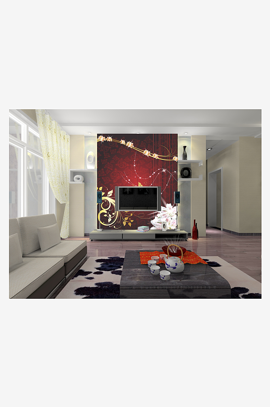 小清新唯美花卉风景画背景墙-众图网