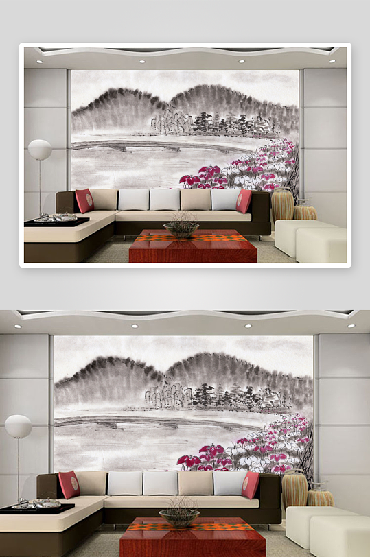水彩唯美风景画背景墙-众图网