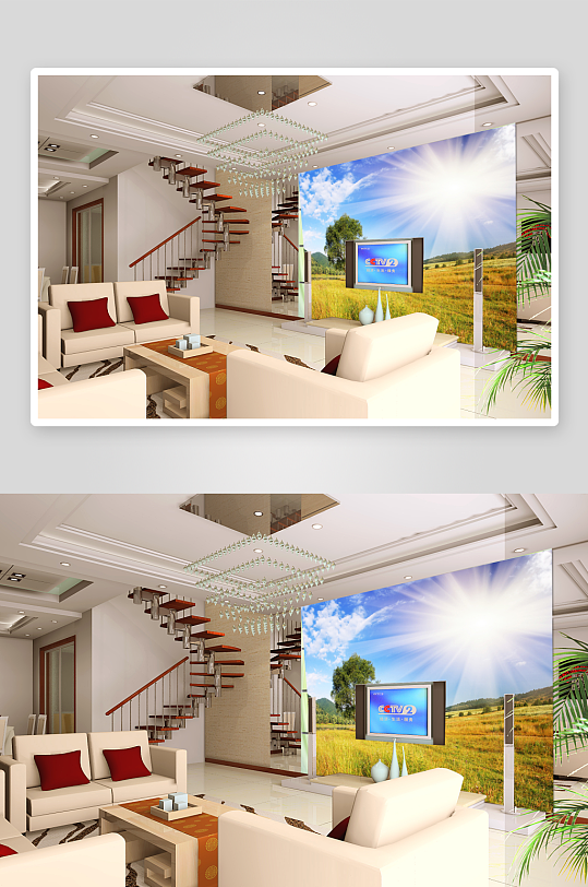 水彩唯美风景画背景墙-众图网