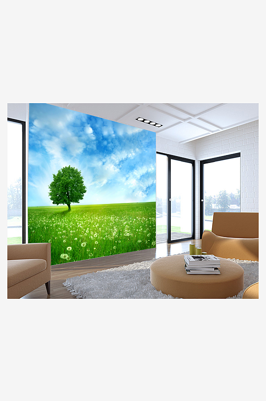 水彩唯美风景画背景墙-众图网