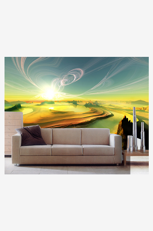 水彩唯美风景画背景墙-众图网