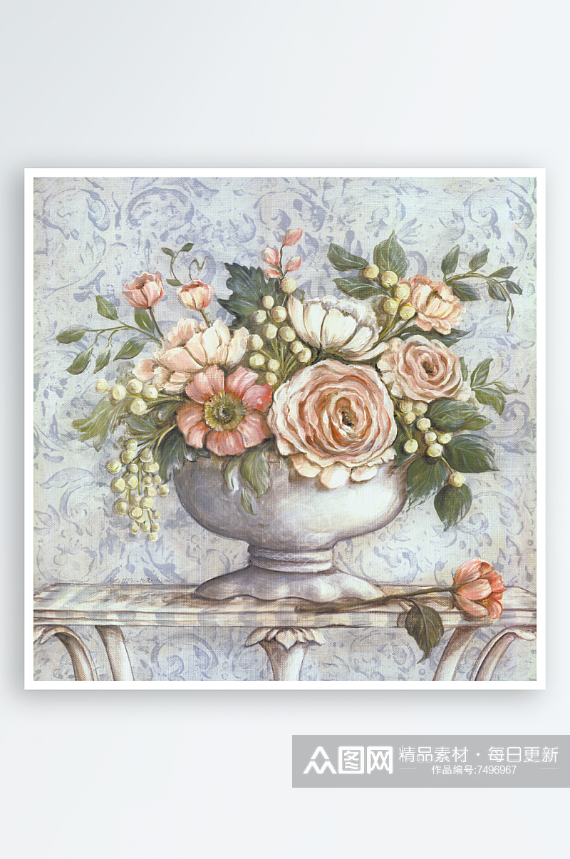 水彩花卉花瓶复古装饰画无框画素材
