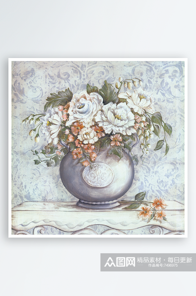 水彩花卉花瓶复古装饰画无框画素材
