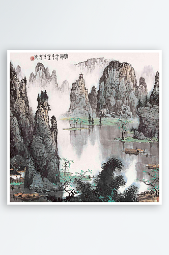 水墨山脉风景画白雪石水墨画