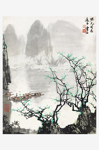 水墨山脉风景画白雪石水墨画