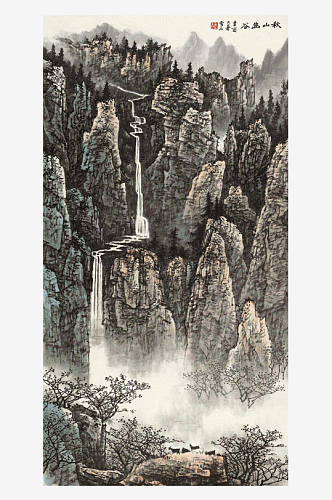 水墨山脉风景画白雪石水墨画