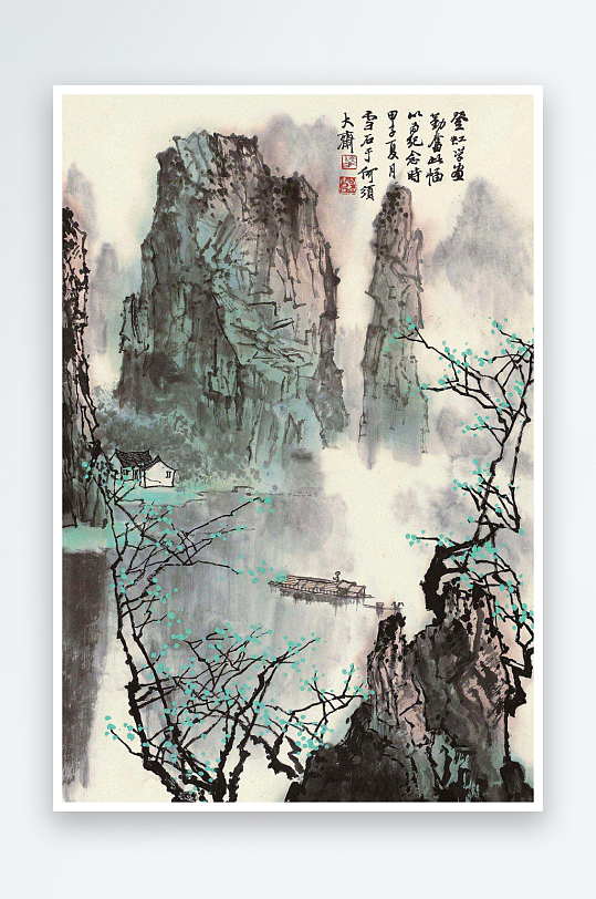 水墨山脉风景画白雪石水墨画