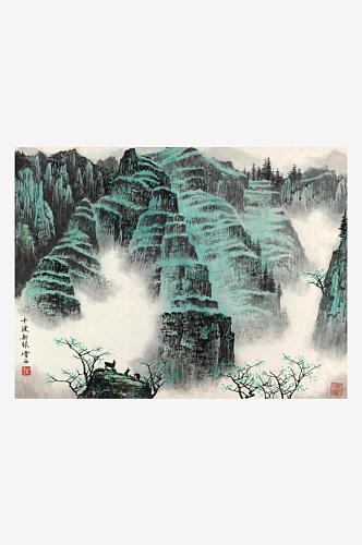 白雪石水墨山脉湖畔风景画