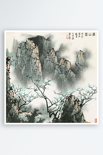 白雪石水墨山脉湖畔风景画