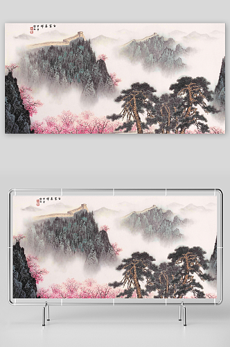 白雪石水墨山脉湖畔风景画